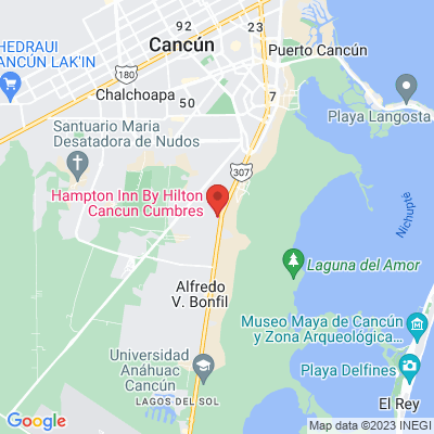 map from Cancun Airport to Hampton Inn by Hilton Cancun Cumbres